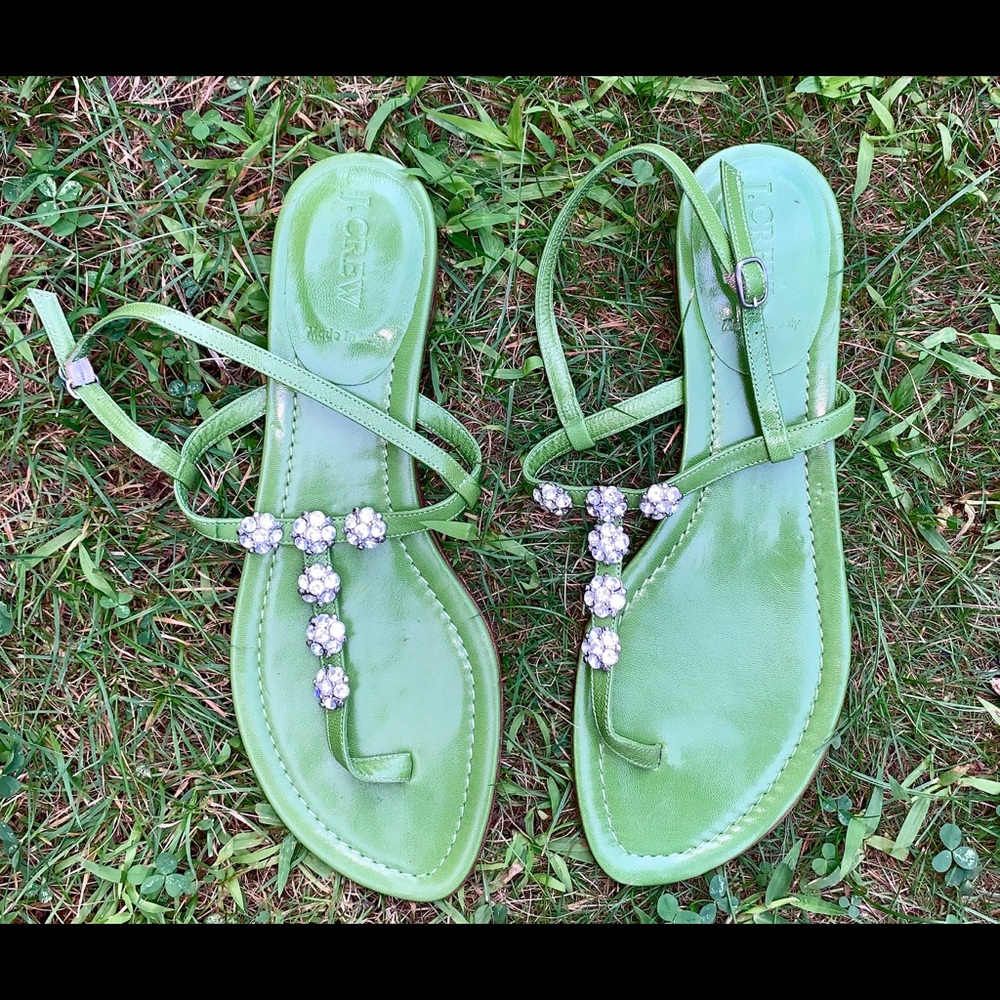 J. Crew green leather jeweled sandals 9 unworn